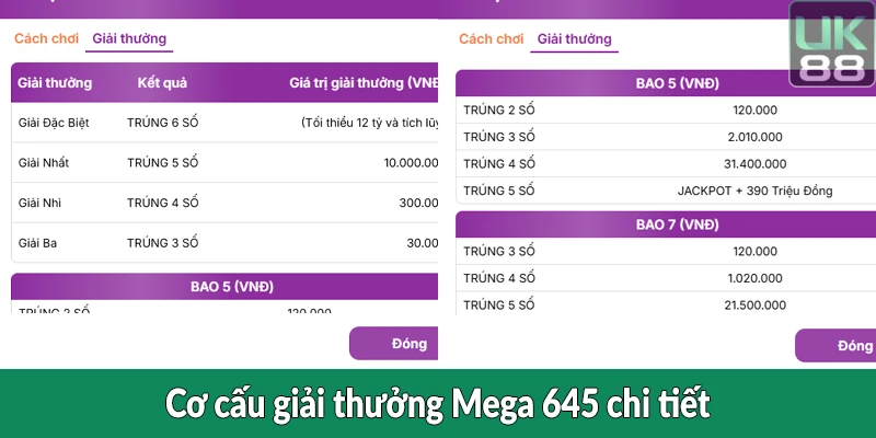 Cơ cấu giải thưởng Mega 645 chi tiết