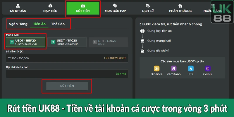 Rút tiền UK88 - Tiền về tài khoản cá cược trong vòng 3 phút